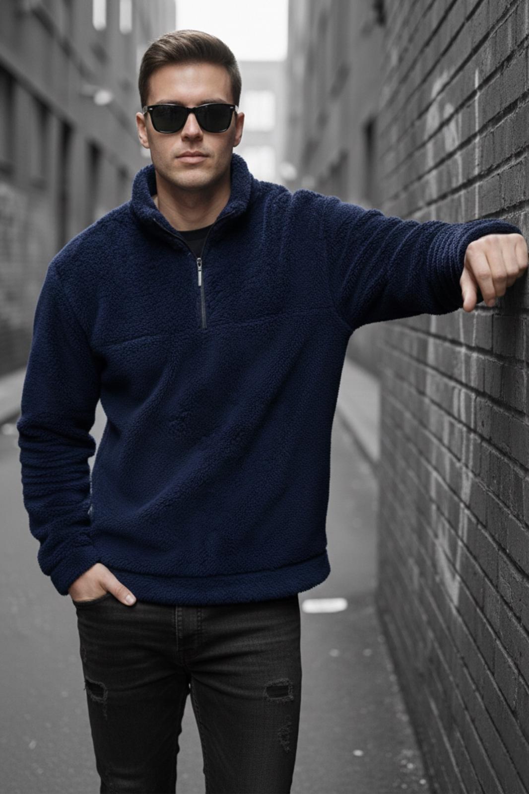 Jaky Slim Fit Peluş Yarım Tam Fermuarlı Dik Yaka Kalın Erkek Sweatshirt Polar