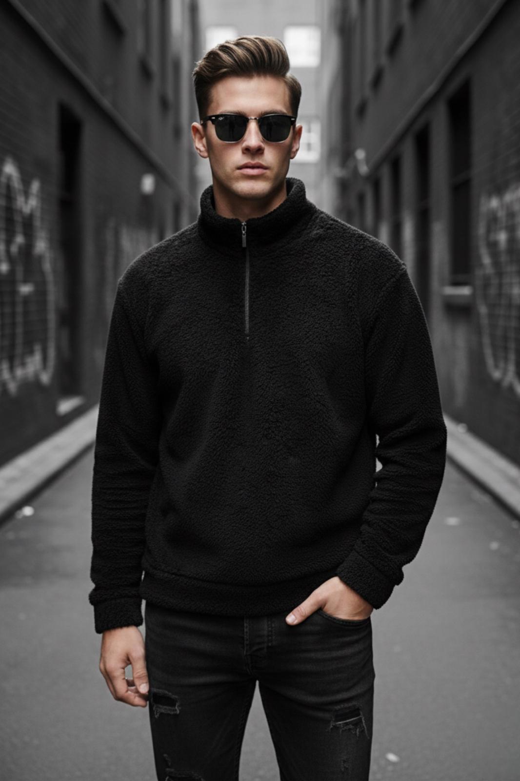 Jaky Slim Fit Peluş Yarım Tam Fermuarlı Dik Yaka Kalın Erkek Sweatshirt Polar