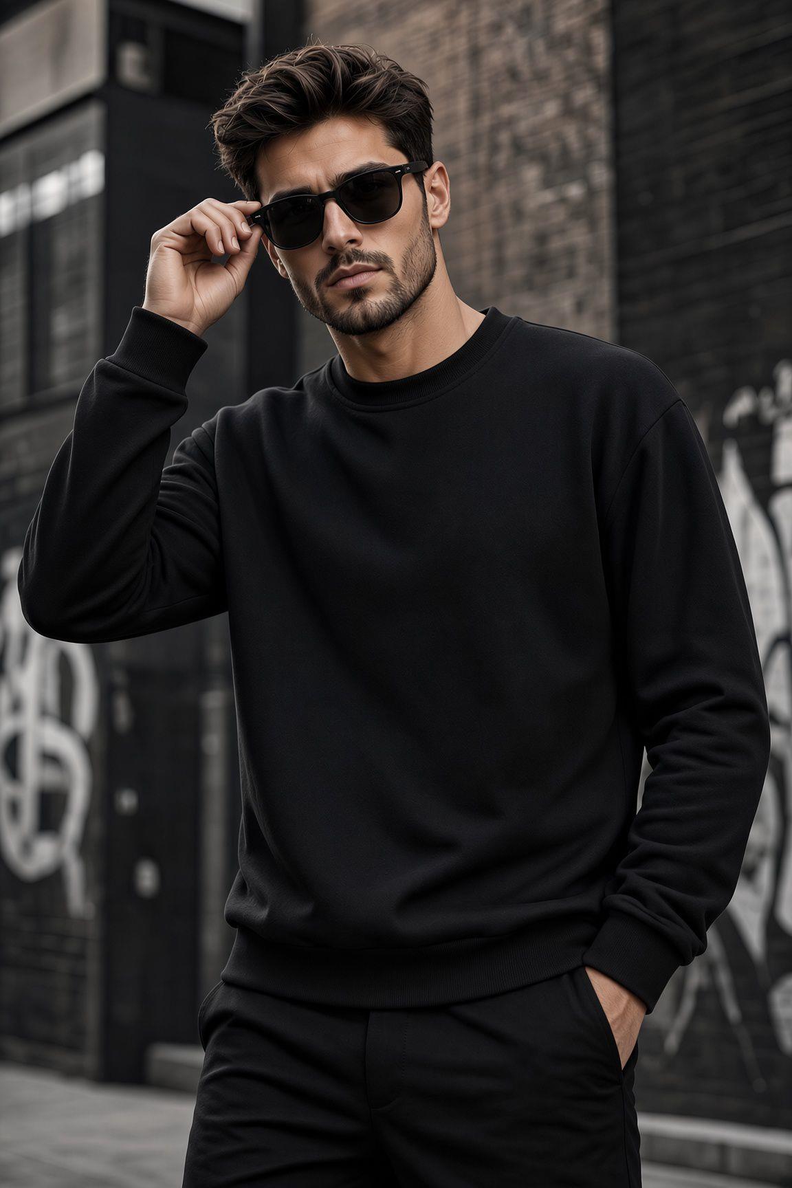 John Erkek İki İpli Şardonlu Düz Renk Günlük Bisiklet Yaka Sweatshirt