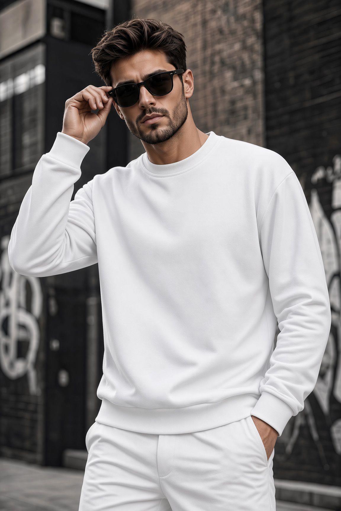John Erkek İki İpli Şardonlu Düz Renk Günlük Bisiklet Yaka Sweatshirt