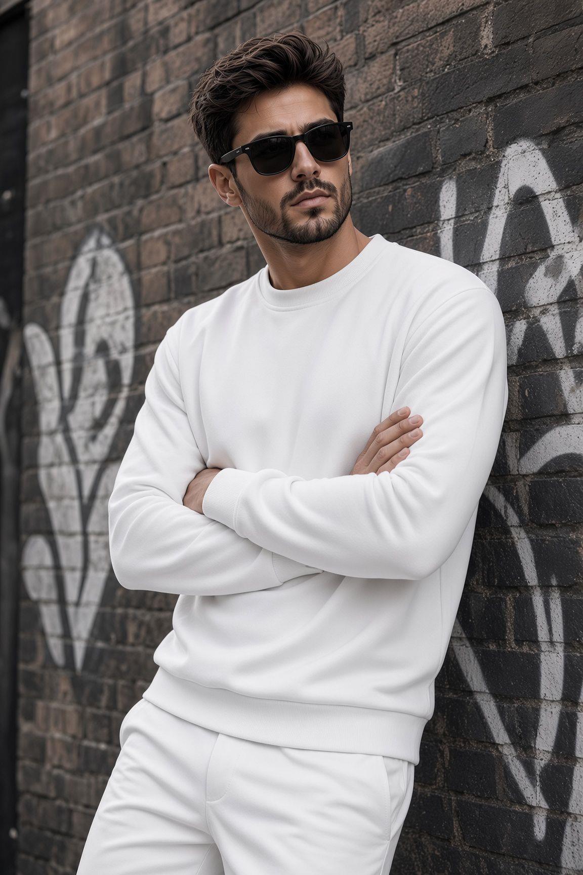 John Erkek İki İpli Şardonlu Düz Renk Günlük Bisiklet Yaka Sweatshirt