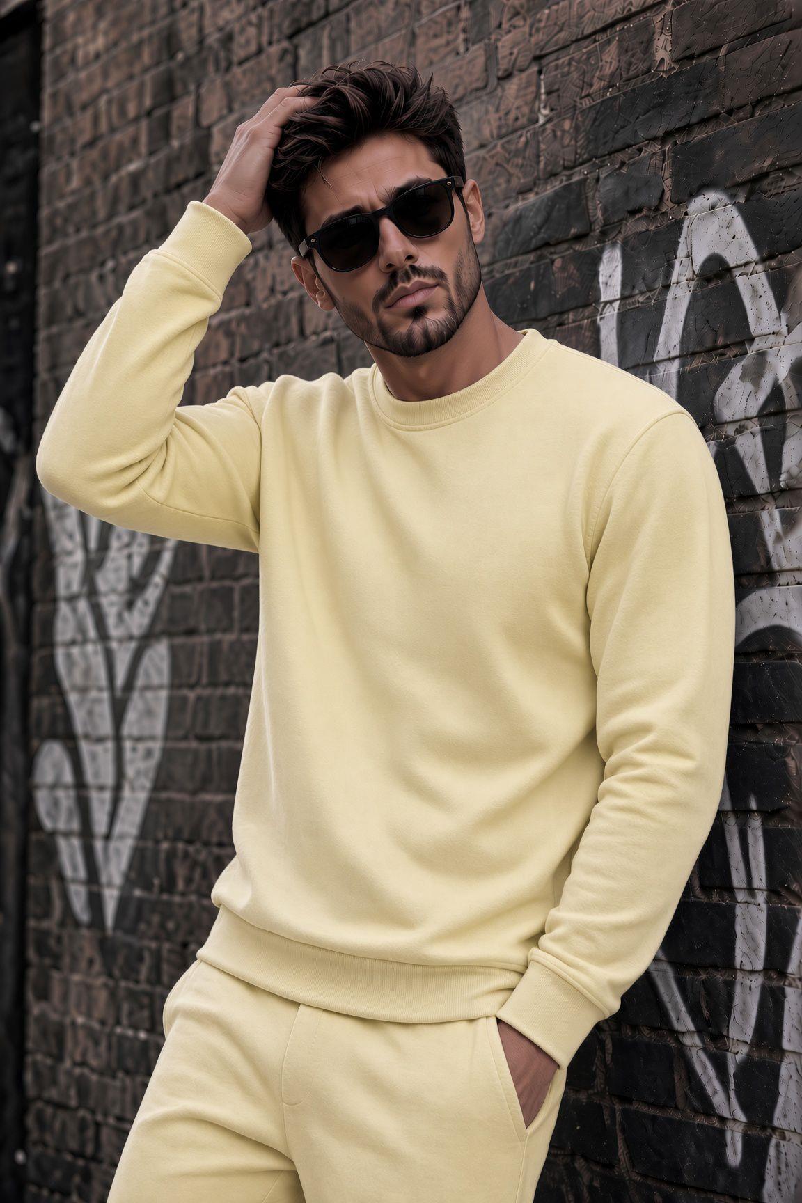 John Erkek İki İpli Şardonlu Düz Renk Günlük Bisiklet Yaka Sweatshirt