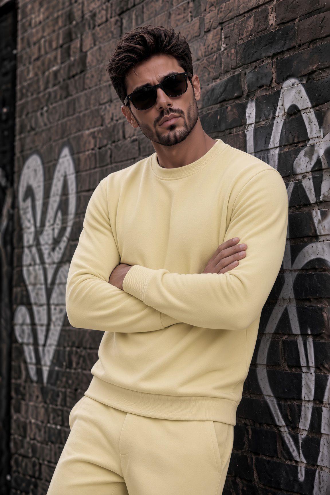 John Erkek İki İpli Şardonlu Düz Renk Günlük Bisiklet Yaka Sweatshirt
