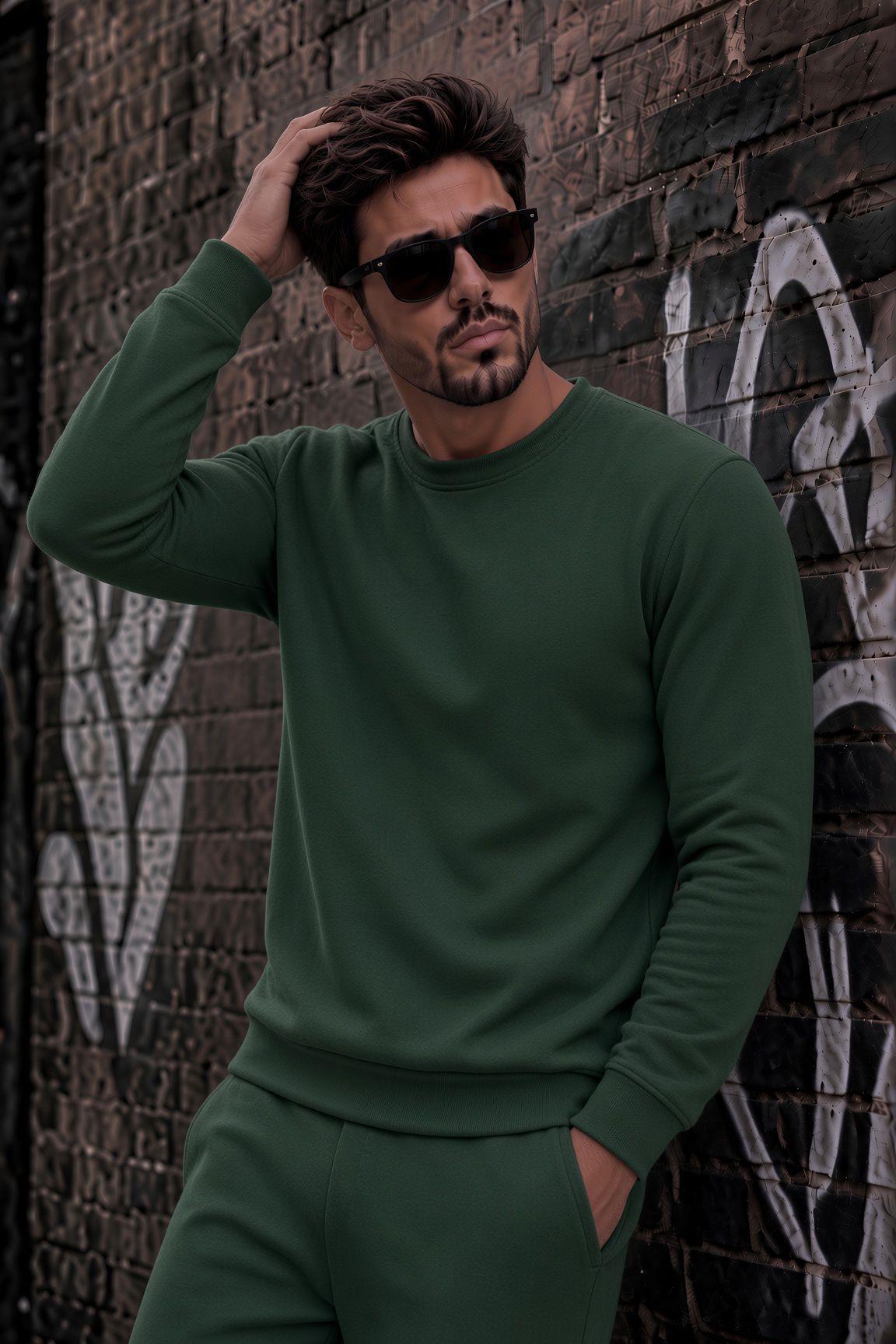 John Erkek İki İpli Şardonlu Düz Renk Günlük Bisiklet Yaka Sweatshirt