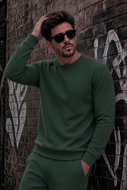 John Erkek İki İpli Şardonlu Düz Renk Günlük Bisiklet Yaka Sweatshirt