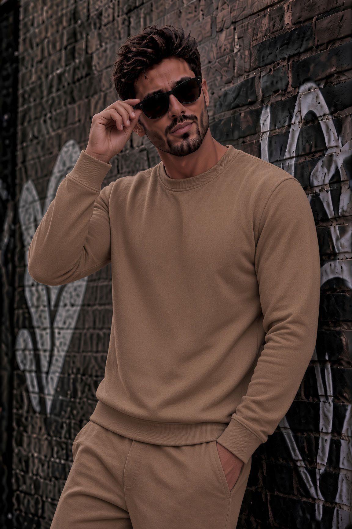 John Erkek İki İpli Şardonlu Düz Renk Günlük Bisiklet Yaka Sweatshirt