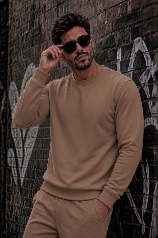 John Erkek İki İpli Şardonlu Düz Renk Günlük Bisiklet Yaka Sweatshirt
