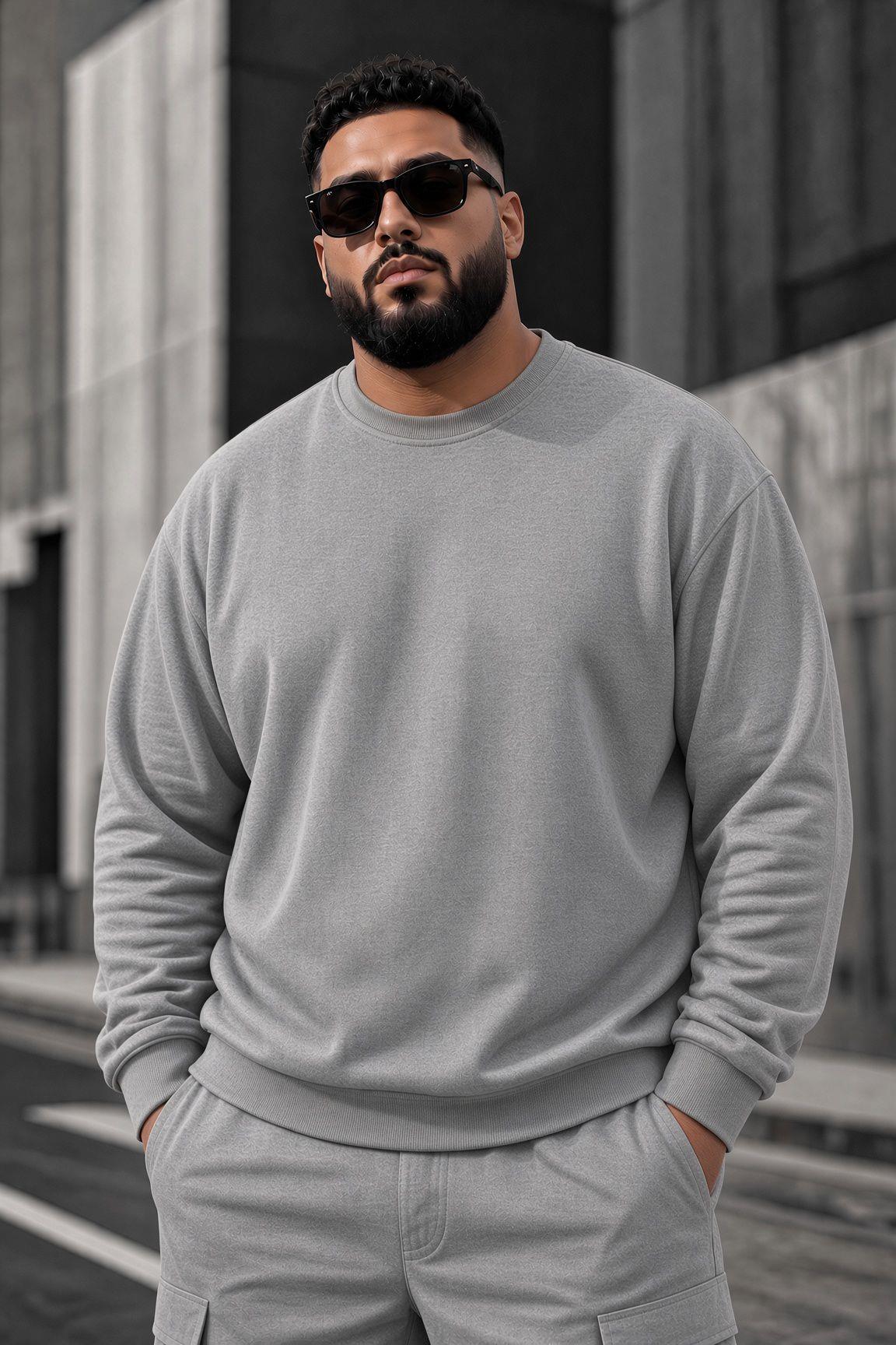 John Erkek İki İpli Şardonlu Düz Renk Günlük Battal Büyük Beden Bisiklet Yaka Sweatshirt