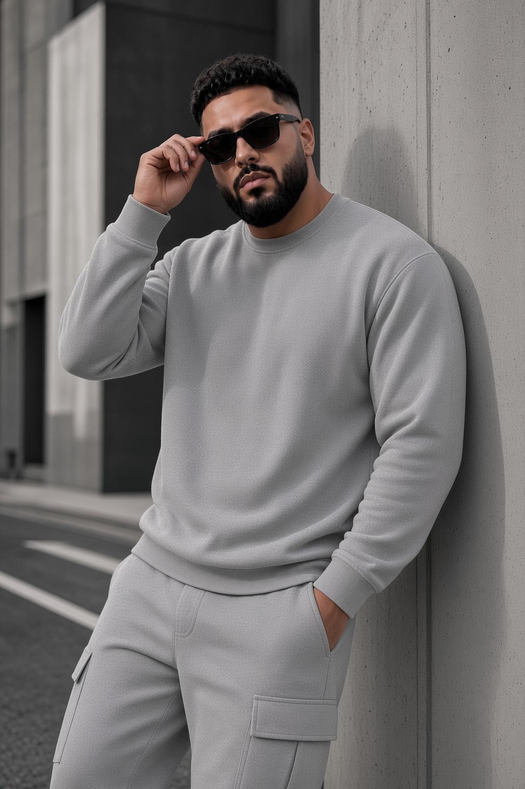John Erkek İki İpli Şardonlu Düz Renk Günlük Battal Büyük Beden Bisiklet Yaka Sweatshirt