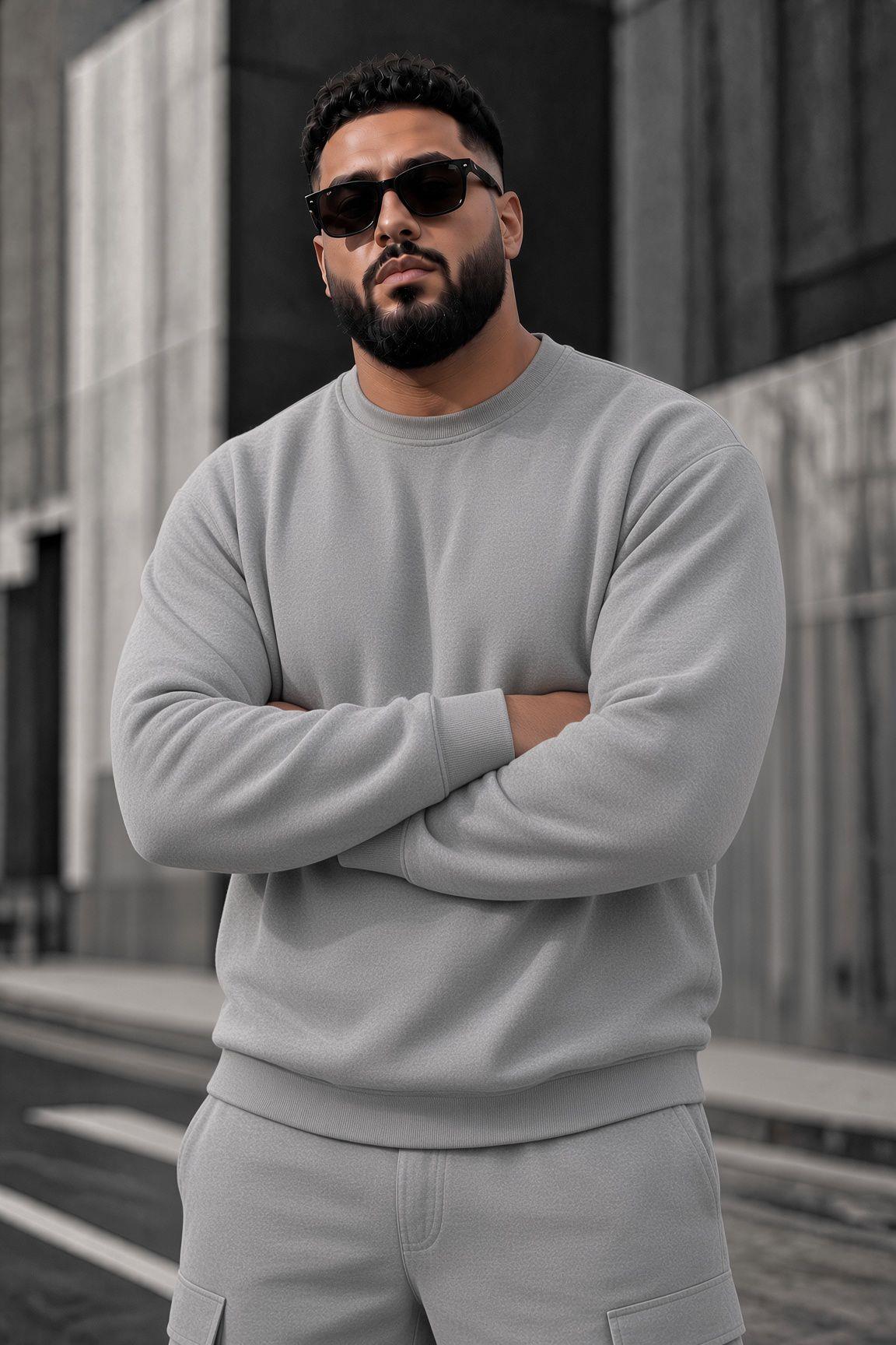 John Erkek İki İpli Şardonlu Düz Renk Günlük Battal Büyük Beden Bisiklet Yaka Sweatshirt