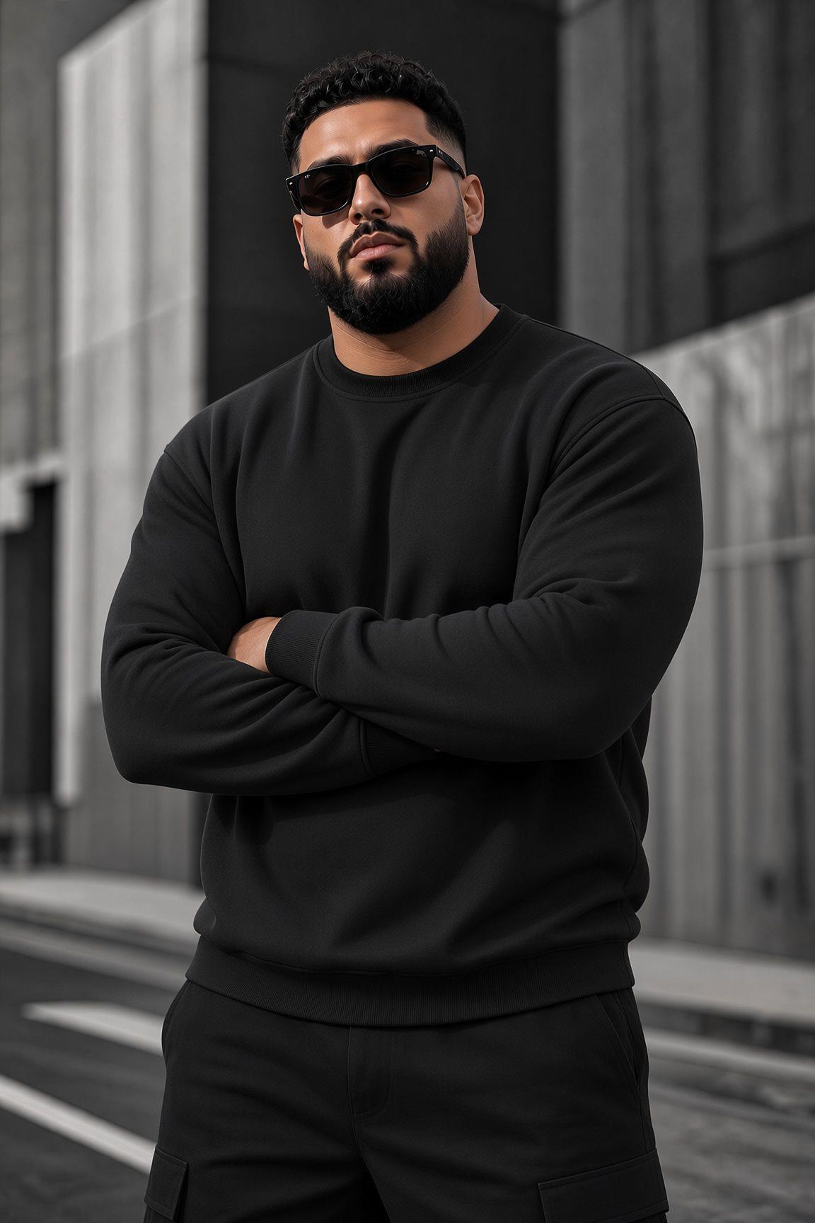 John Erkek İki İpli Şardonlu Düz Renk Günlük Battal Büyük Beden Bisiklet Yaka Sweatshirt