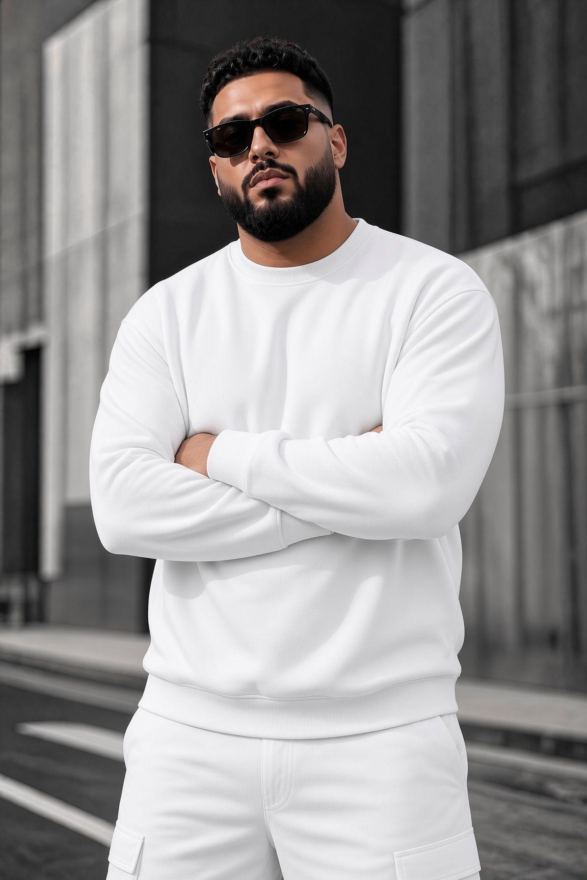 John Erkek İki İpli Şardonlu Düz Renk Günlük Battal Büyük Beden Bisiklet Yaka Sweatshirt