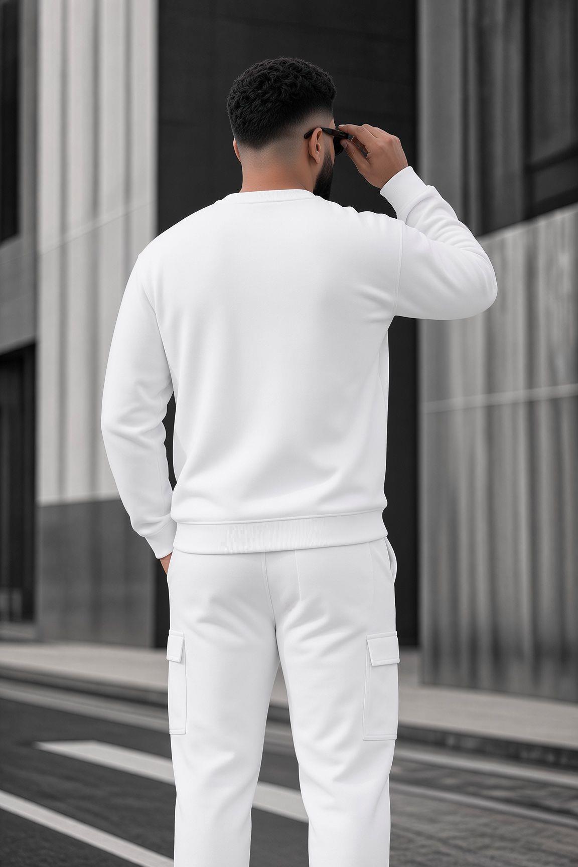 John Erkek İki İpli Şardonlu Düz Renk Günlük Battal Büyük Beden Bisiklet Yaka Sweatshirt