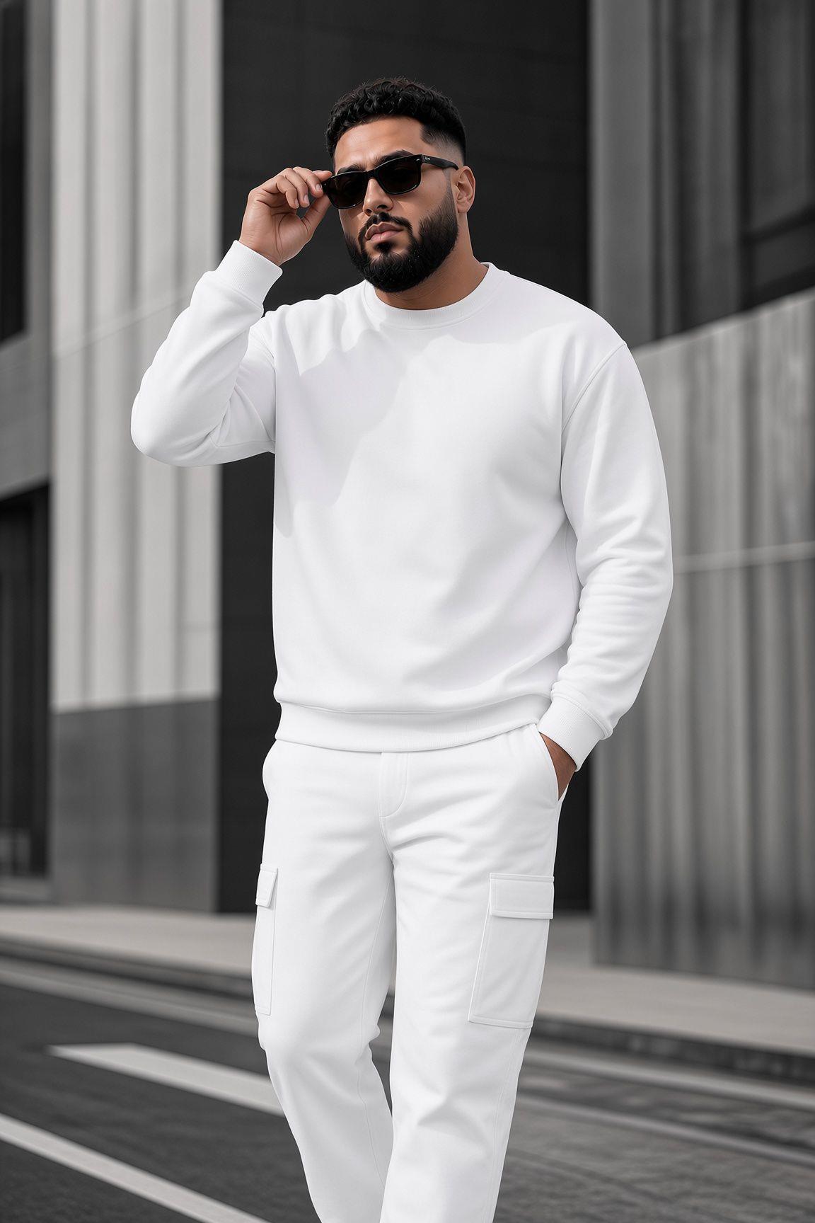 John Erkek İki İpli Şardonlu Düz Renk Günlük Battal Büyük Beden Bisiklet Yaka Sweatshirt