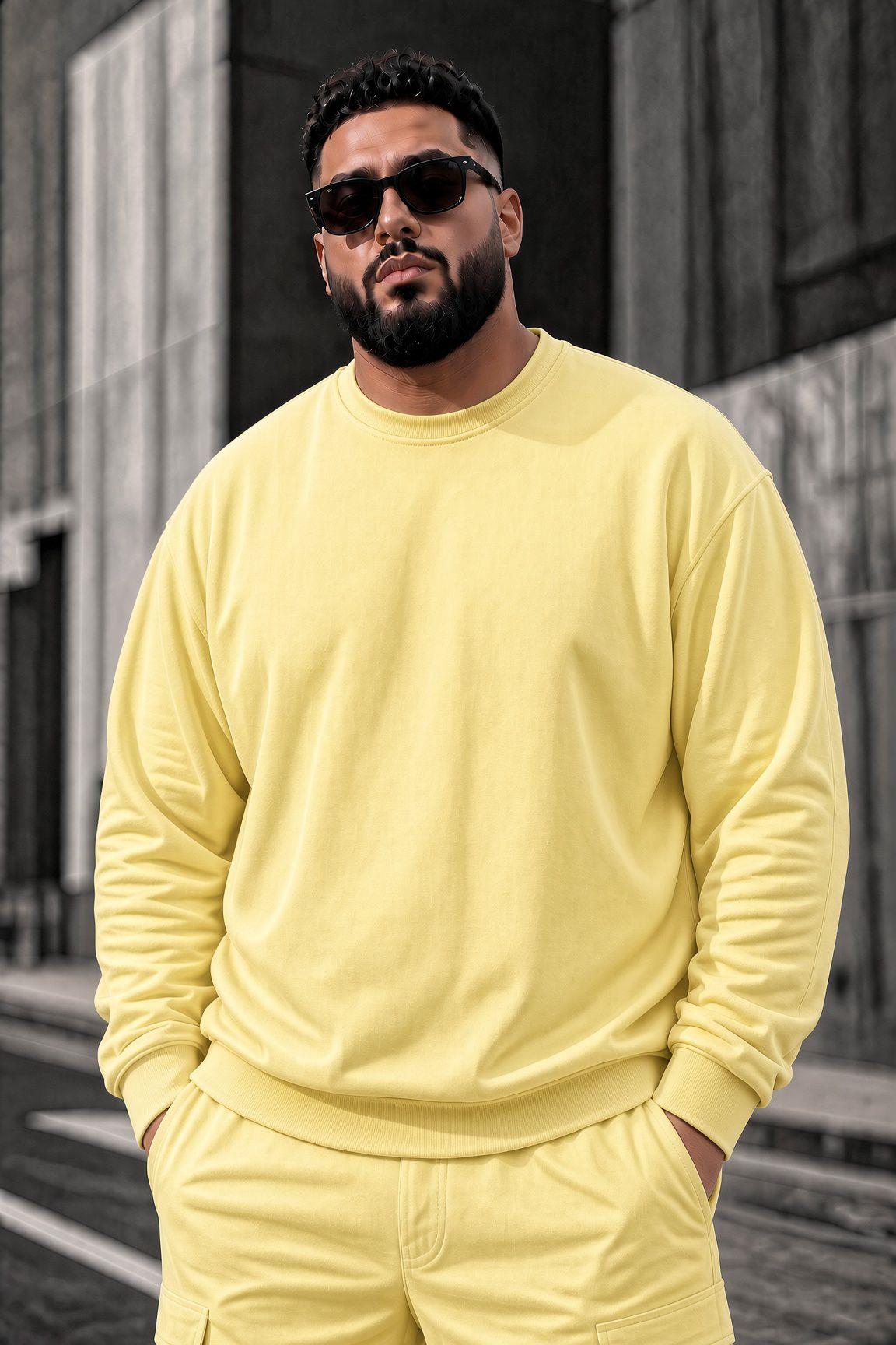 John Erkek İki İpli Şardonlu Düz Renk Günlük Battal Büyük Beden Bisiklet Yaka Sweatshirt