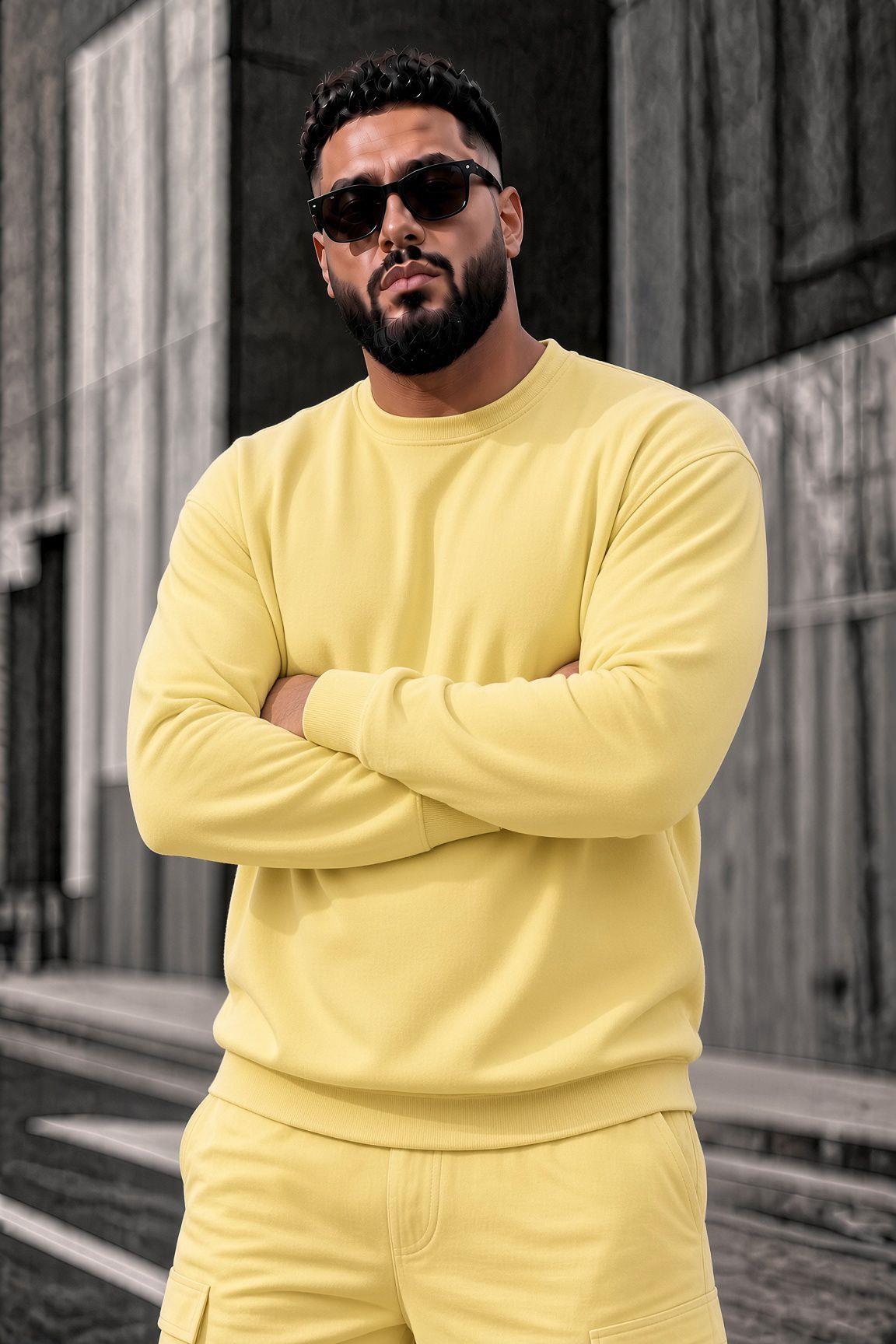 John Erkek İki İpli Şardonlu Düz Renk Günlük Battal Büyük Beden Bisiklet Yaka Sweatshirt