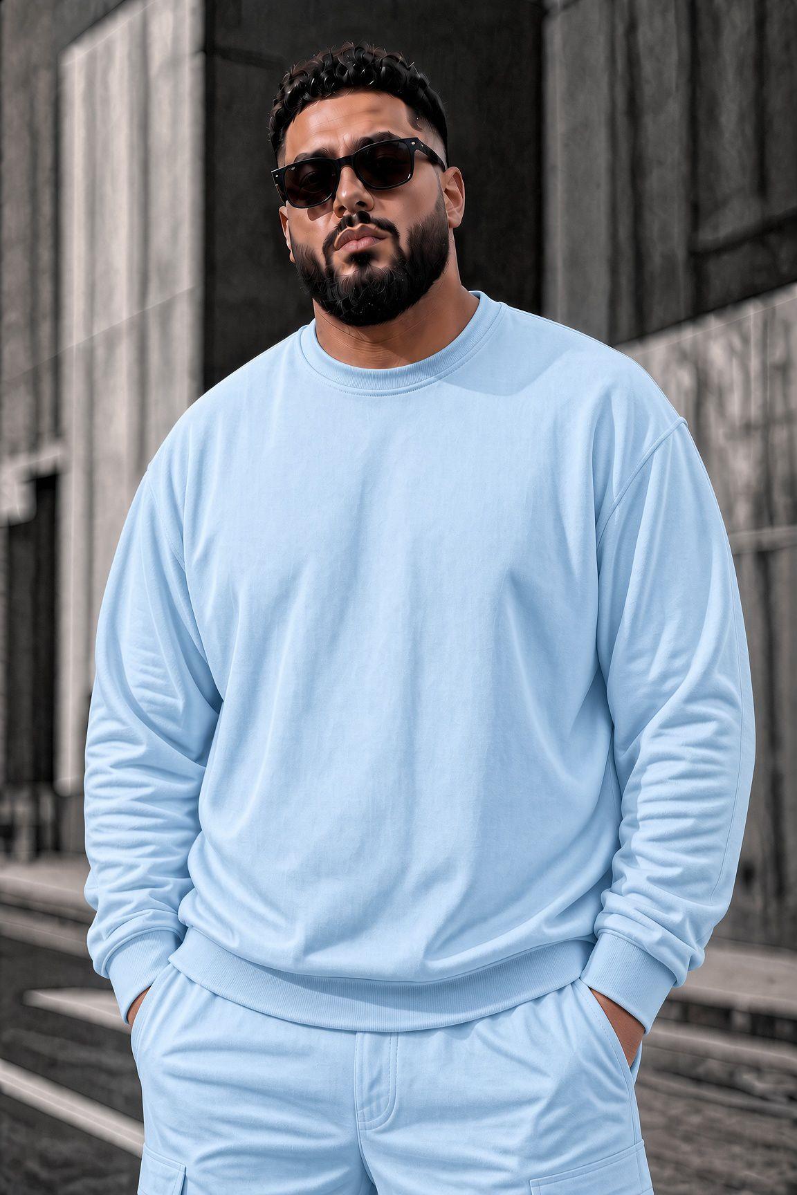 John Erkek İki İpli Şardonlu Düz Renk Günlük Battal Büyük Beden Bisiklet Yaka Sweatshirt