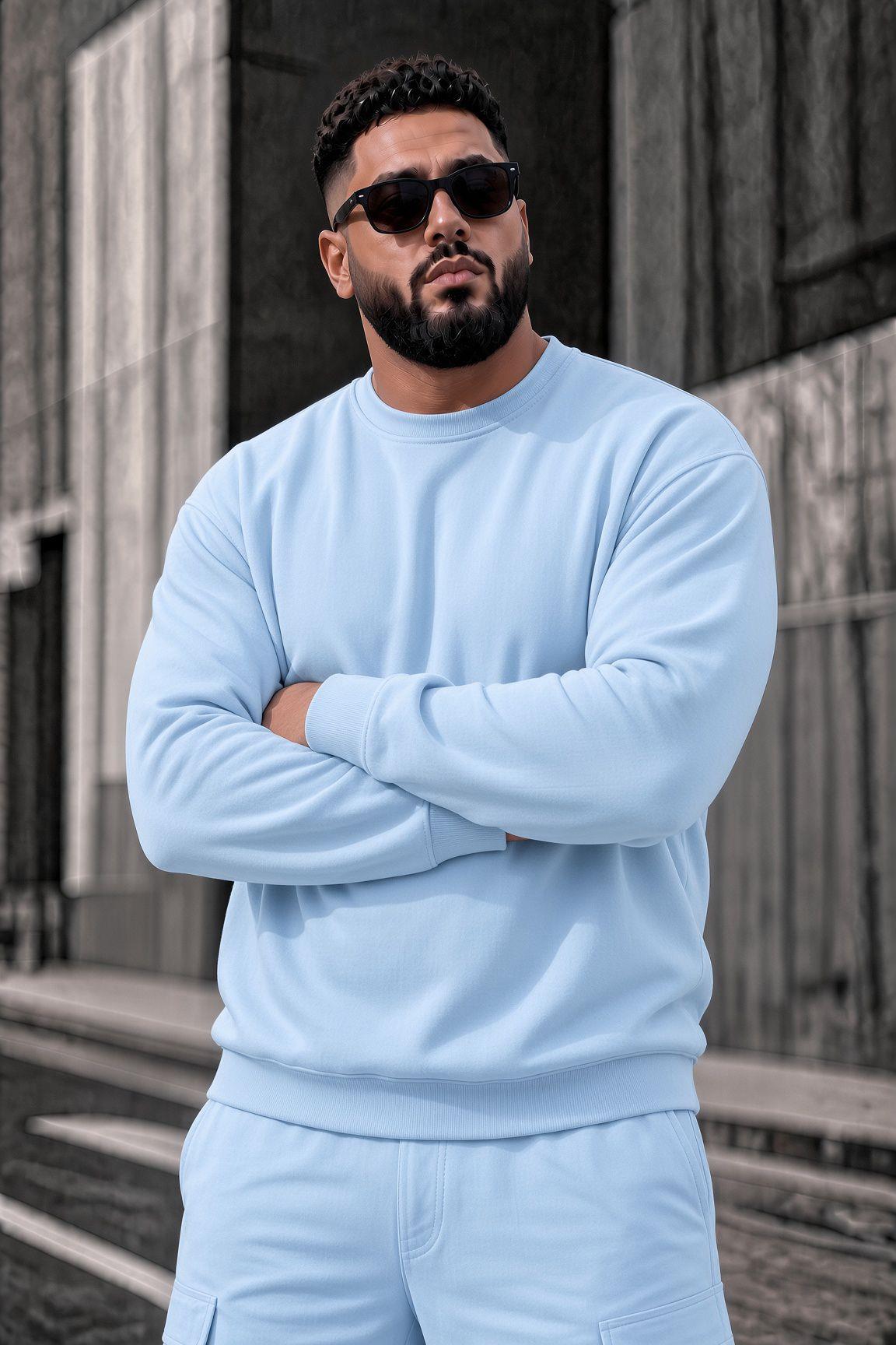 John Erkek İki İpli Şardonlu Düz Renk Günlük Battal Büyük Beden Bisiklet Yaka Sweatshirt