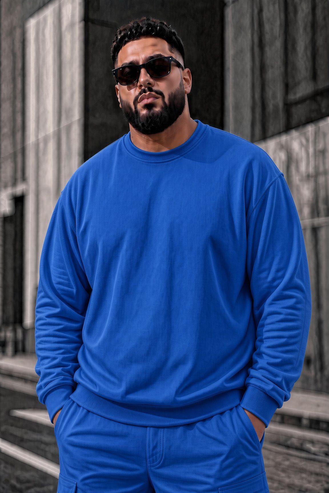 John Erkek İki İpli Şardonlu Düz Renk Günlük Battal Büyük Beden Bisiklet Yaka Sweatshirt