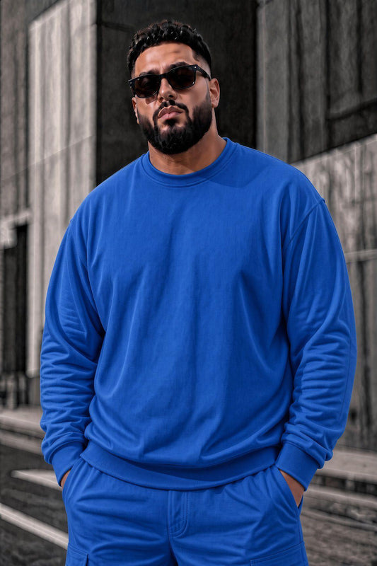 John Erkek İki İpli Şardonlu Düz Renk Günlük Battal Büyük Beden Bisiklet Yaka Sweatshirt