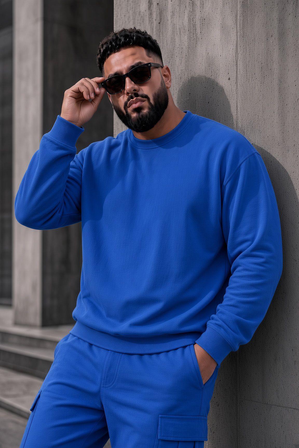 John Erkek İki İpli Şardonlu Düz Renk Günlük Battal Büyük Beden Bisiklet Yaka Sweatshirt