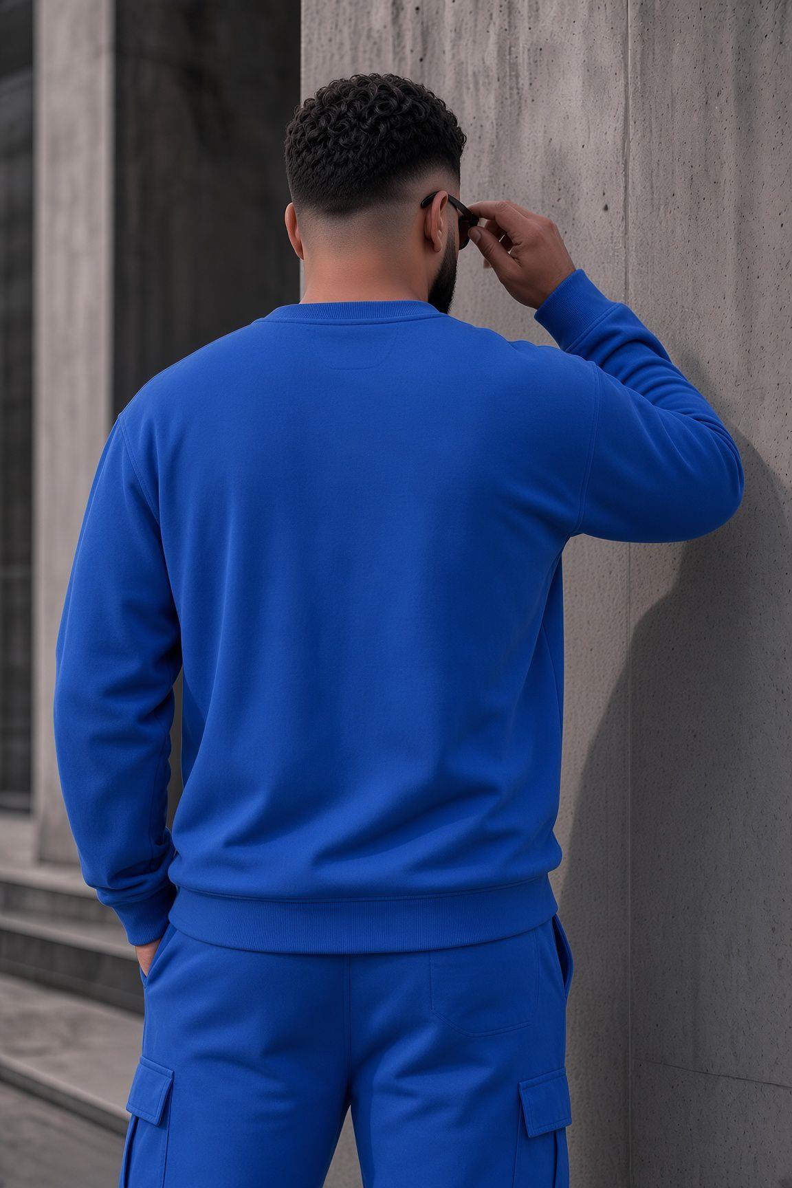John Erkek İki İpli Şardonlu Düz Renk Günlük Battal Büyük Beden Bisiklet Yaka Sweatshirt