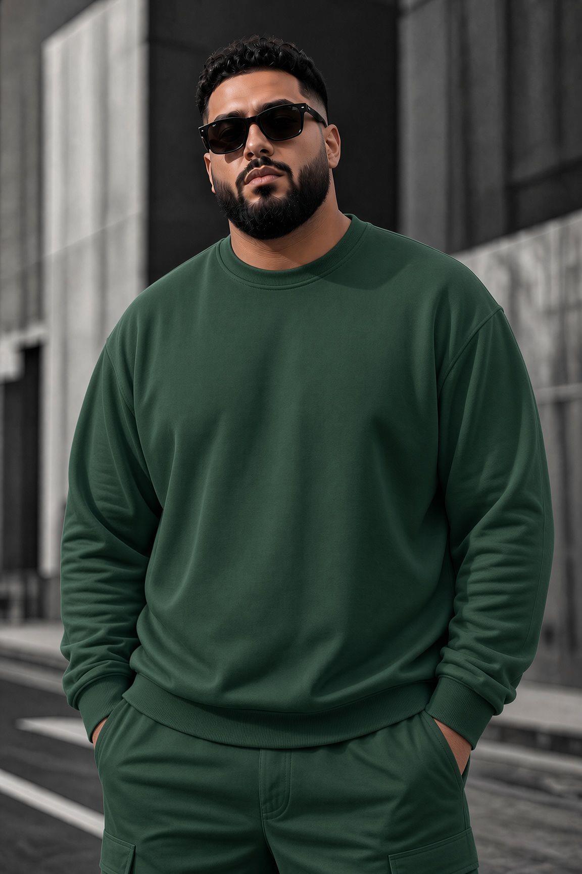 John Erkek İki İpli Şardonlu Düz Renk Günlük Battal Büyük Beden Bisiklet Yaka Sweatshirt