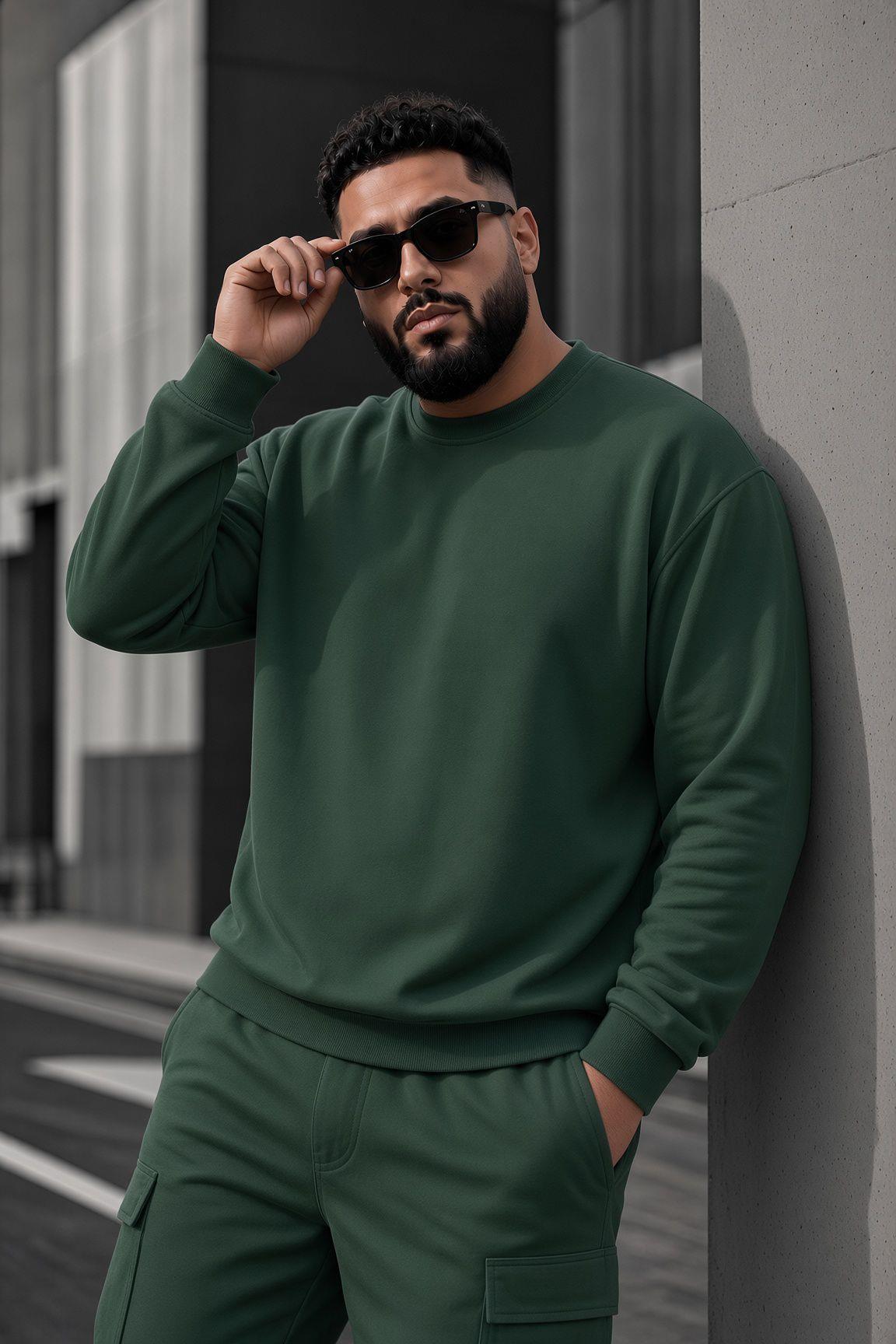 John Erkek İki İpli Şardonlu Düz Renk Günlük Battal Büyük Beden Bisiklet Yaka Sweatshirt