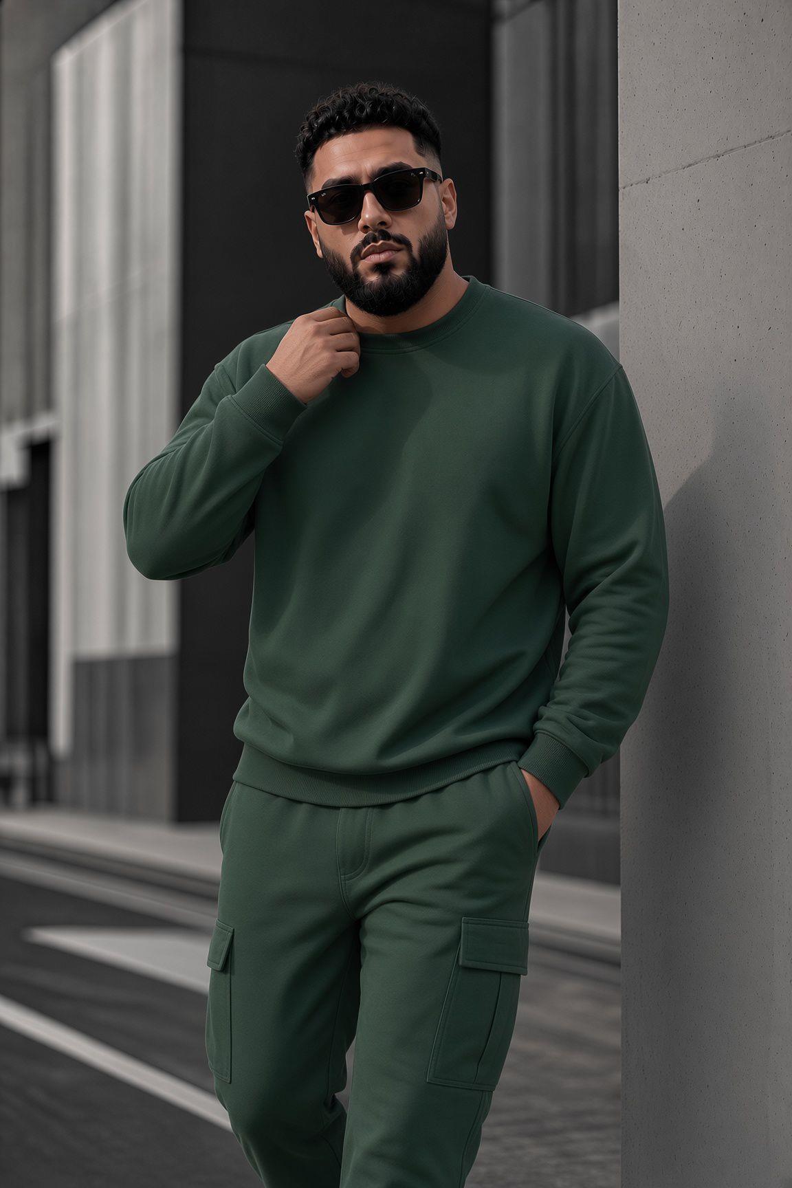 John Erkek İki İpli Şardonlu Düz Renk Günlük Battal Büyük Beden Bisiklet Yaka Sweatshirt