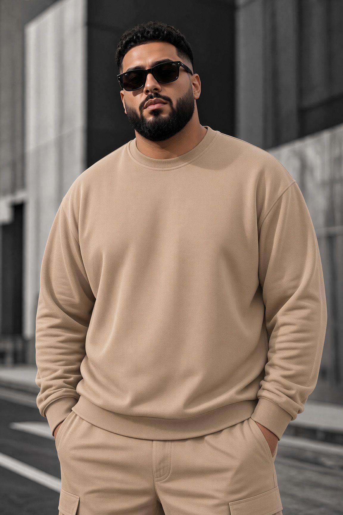 John Erkek İki İpli Şardonlu Düz Renk Günlük Battal Büyük Beden Bisiklet Yaka Sweatshirt