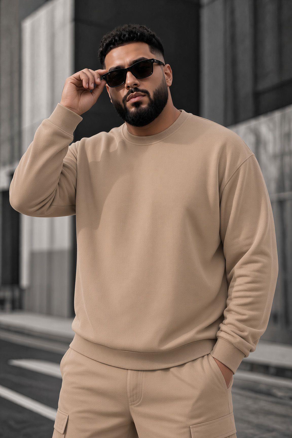 John Erkek İki İpli Şardonlu Düz Renk Günlük Battal Büyük Beden Bisiklet Yaka Sweatshirt