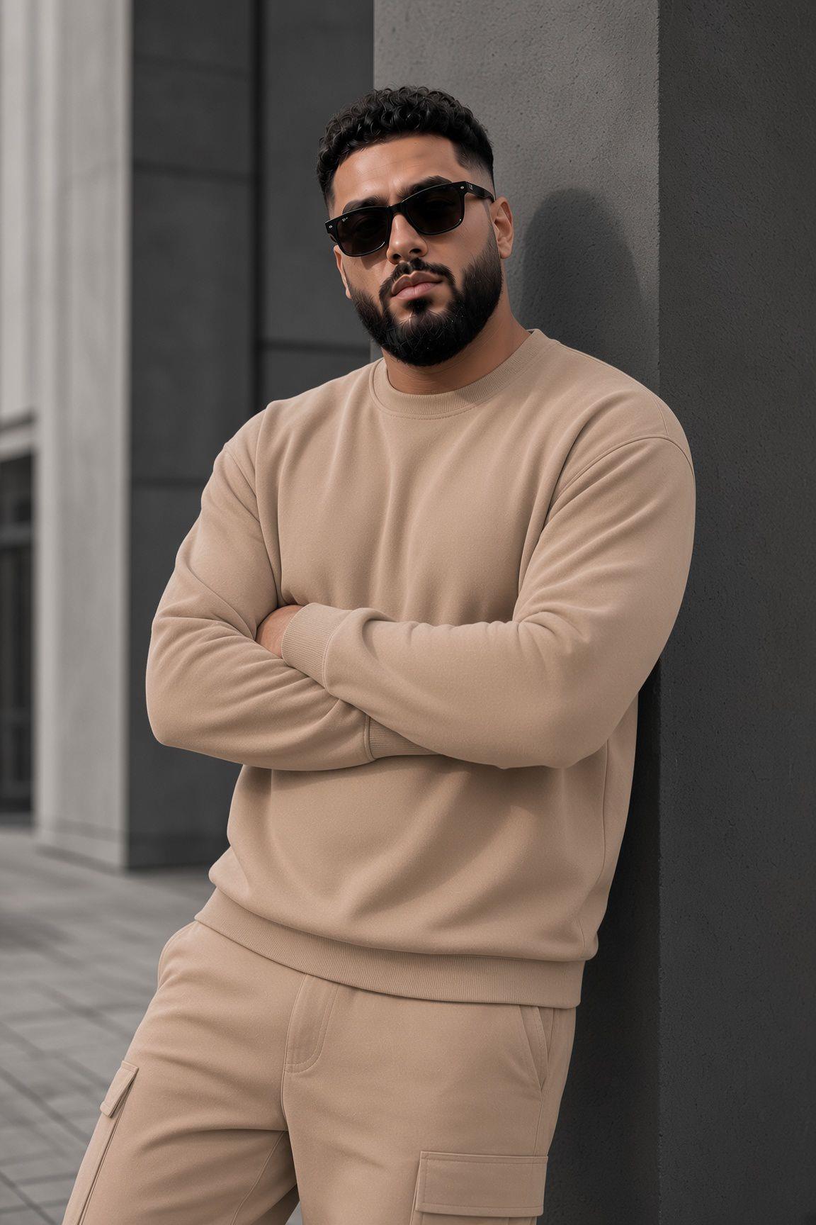 John Erkek İki İpli Şardonlu Düz Renk Günlük Battal Büyük Beden Bisiklet Yaka Sweatshirt