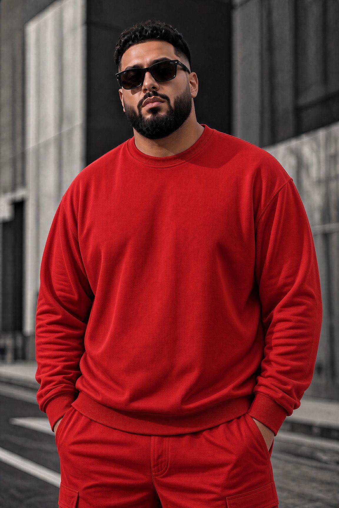 John Erkek İki İpli Şardonlu Düz Renk Günlük Battal Büyük Beden Bisiklet Yaka Sweatshirt