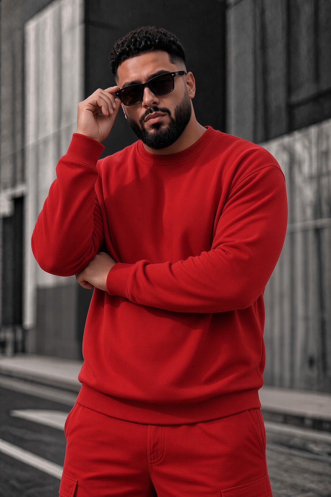 John Erkek İki İpli Şardonlu Düz Renk Günlük Battal Büyük Beden Bisiklet Yaka Sweatshirt