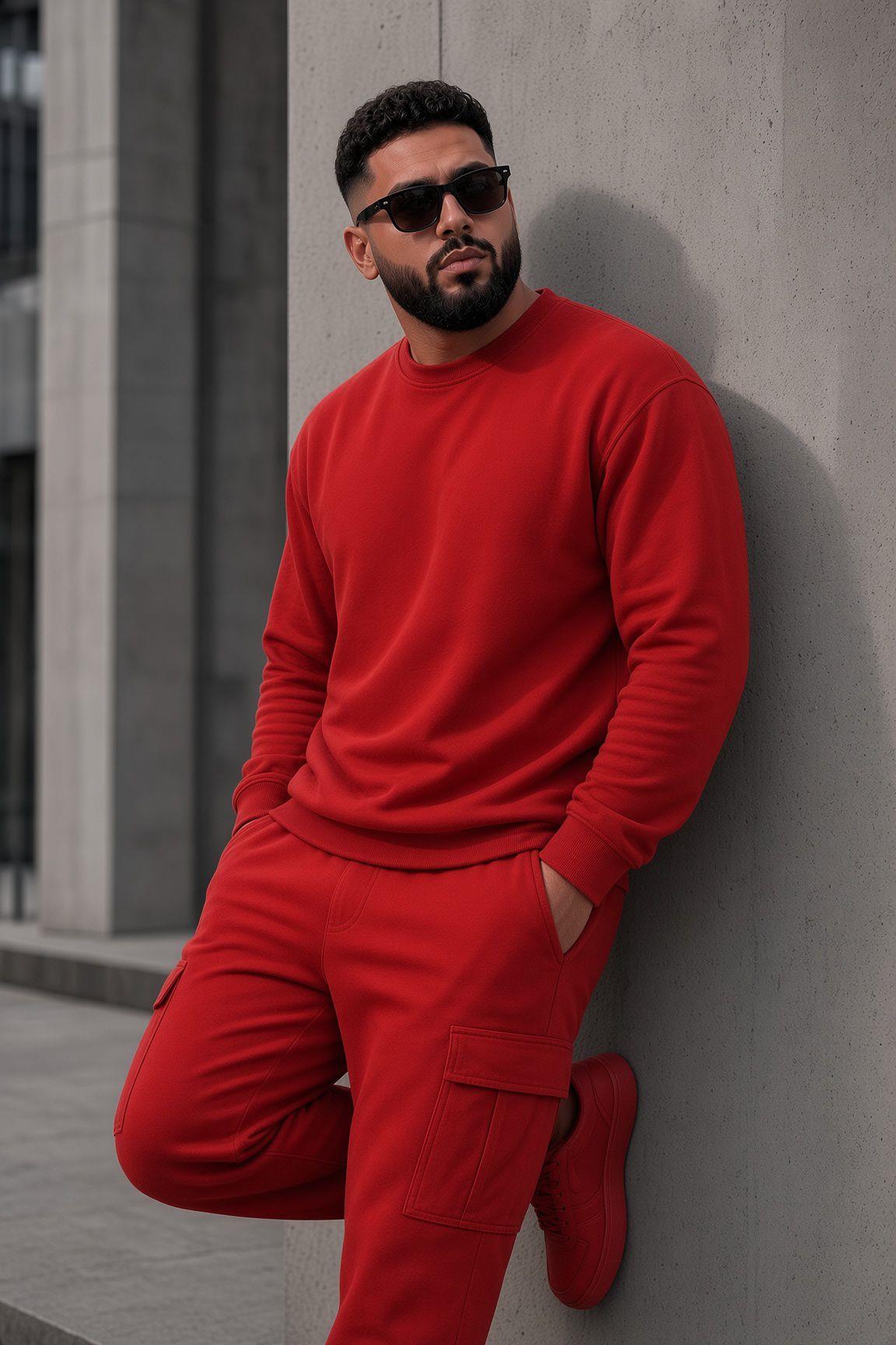 John Erkek İki İpli Şardonlu Düz Renk Günlük Battal Büyük Beden Bisiklet Yaka Sweatshirt