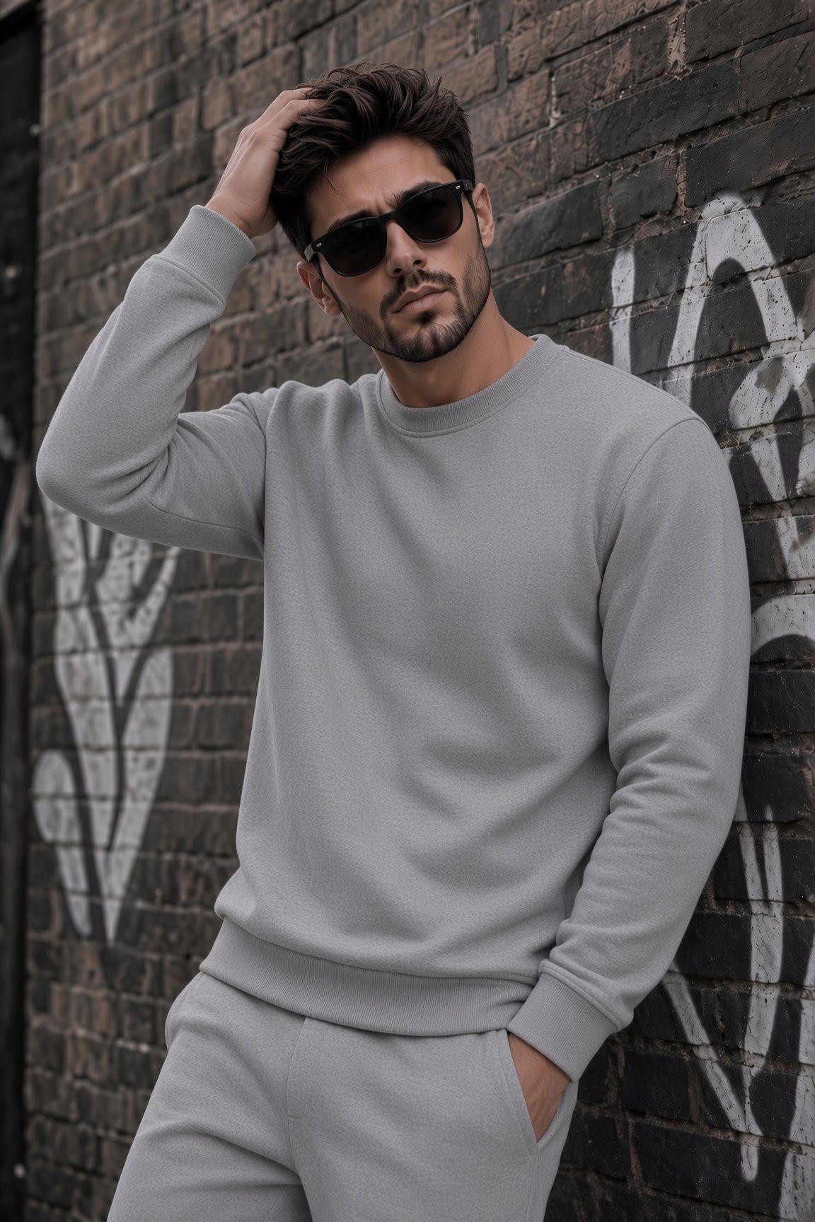 John Erkek İki İpli Şardonlu Düz Renk Günlük Bisiklet Yaka Sweatshirt