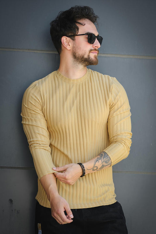 Jordao Fitilli Slim Fit Likralı Bisiklet Yaka Erkek Uzun Kol Tshirt