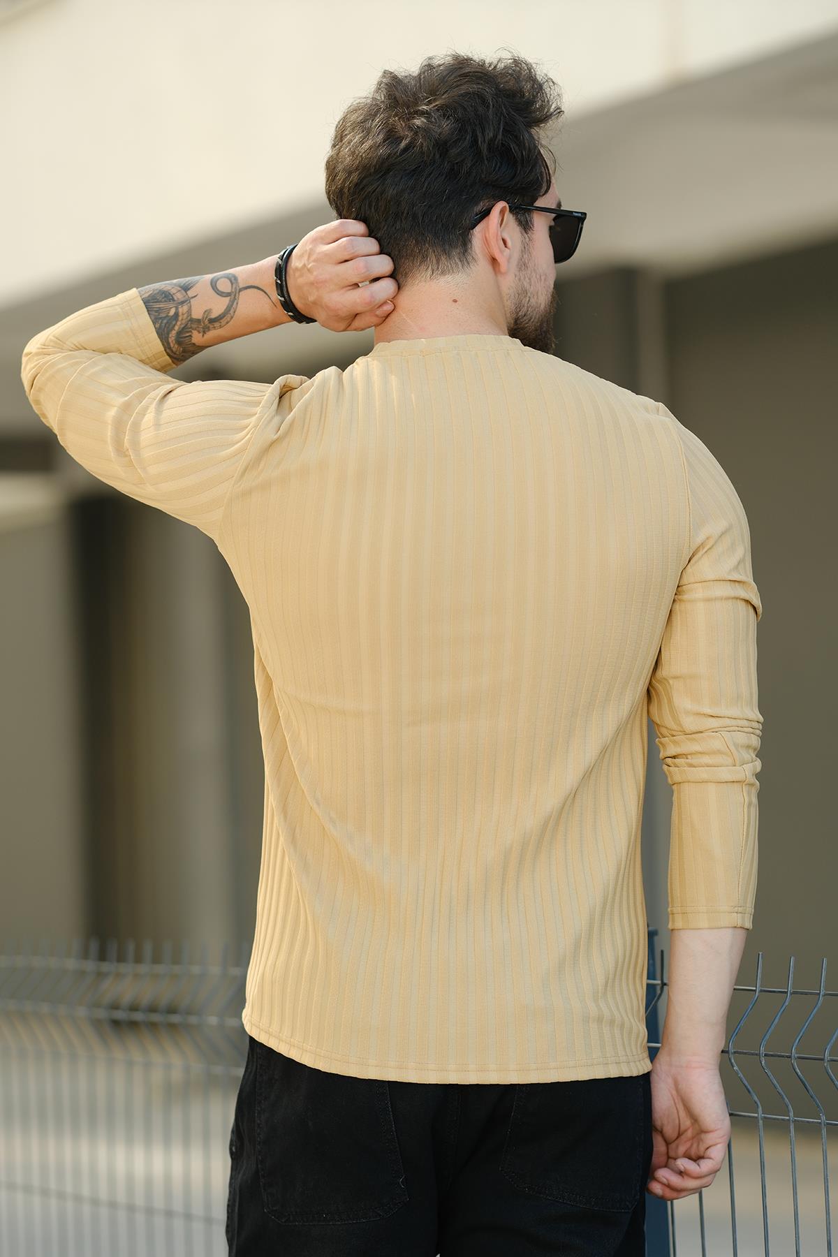 Jordao Fitilli Slim Fit Likralı Bisiklet Yaka Erkek Uzun Kol Tshirt