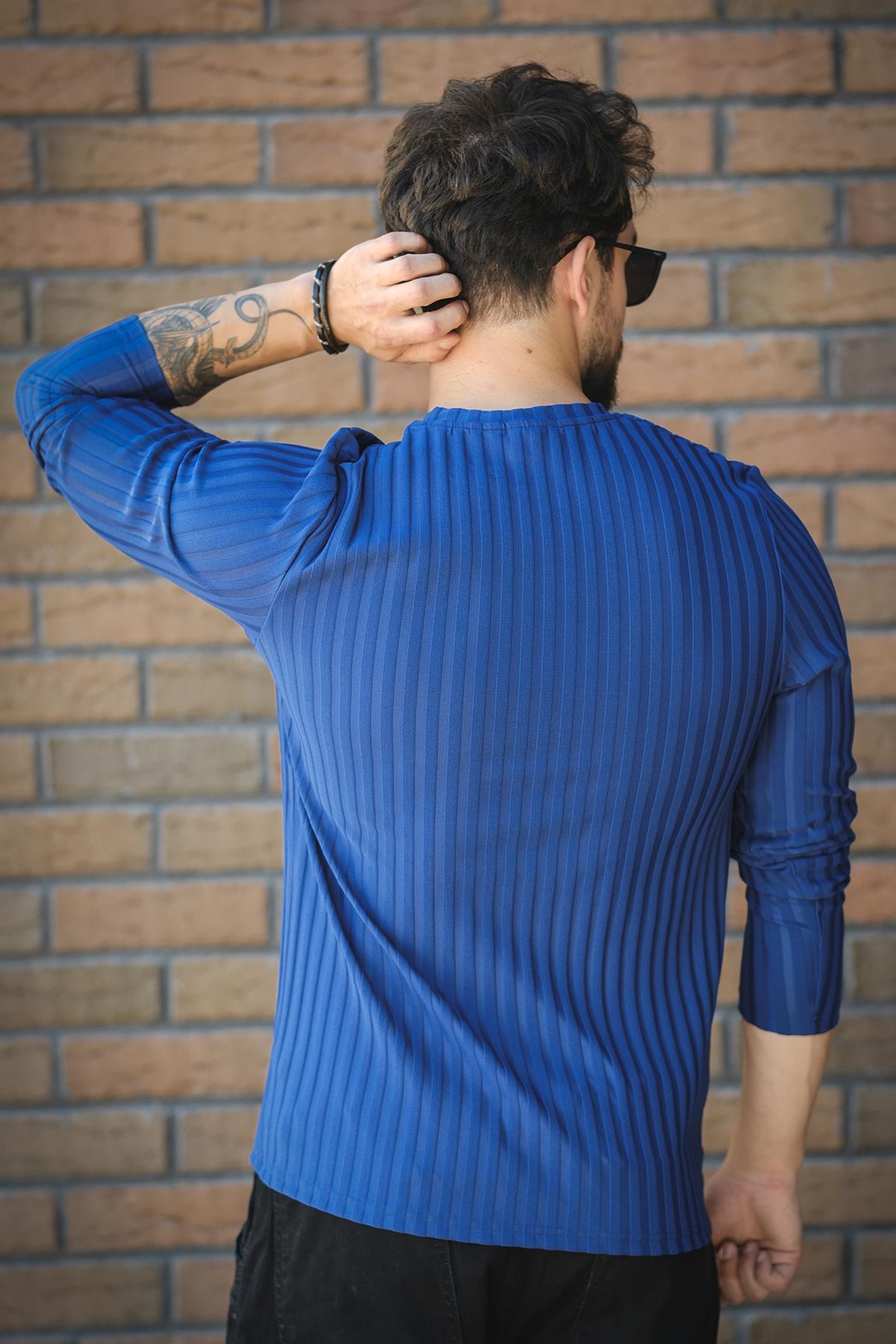 Jordao Fitilli Slim Fit Likralı Bisiklet Yaka Erkek Uzun Kol Tshirt