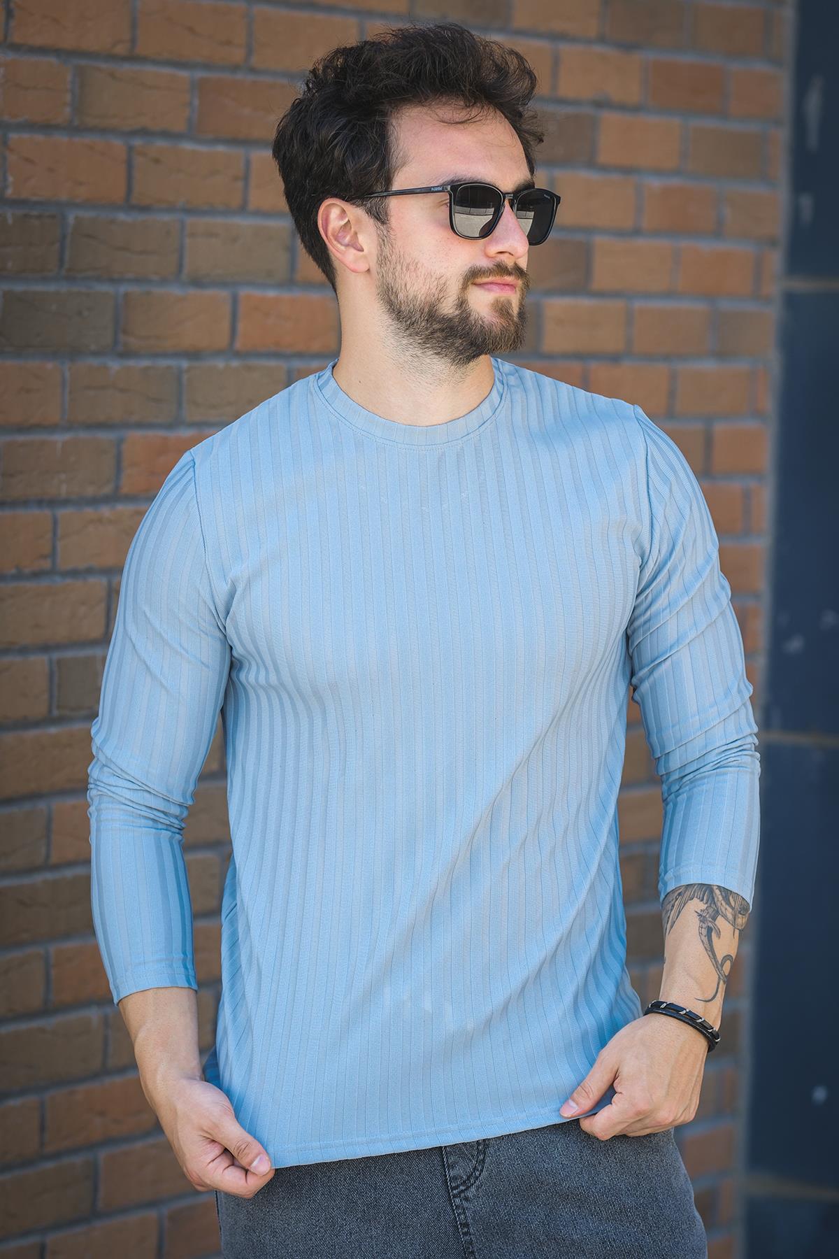Jordao Fitilli Slim Fit Likralı Bisiklet Yaka Erkek Uzun Kol Tshirt