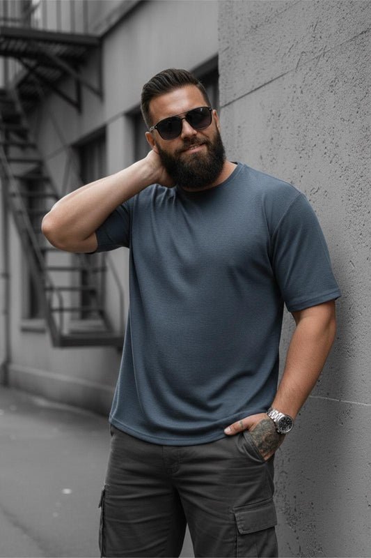 Kabuk Desen Likralı Erkek Büyük Beden Gofre (Kabartma) Dokulu T-Shirt