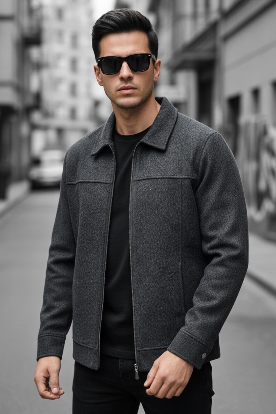 Kamy Erkek Gömlek Yaka Astarsız Fermuarlı Kaşe Ceket - Smart Casual Tasarım