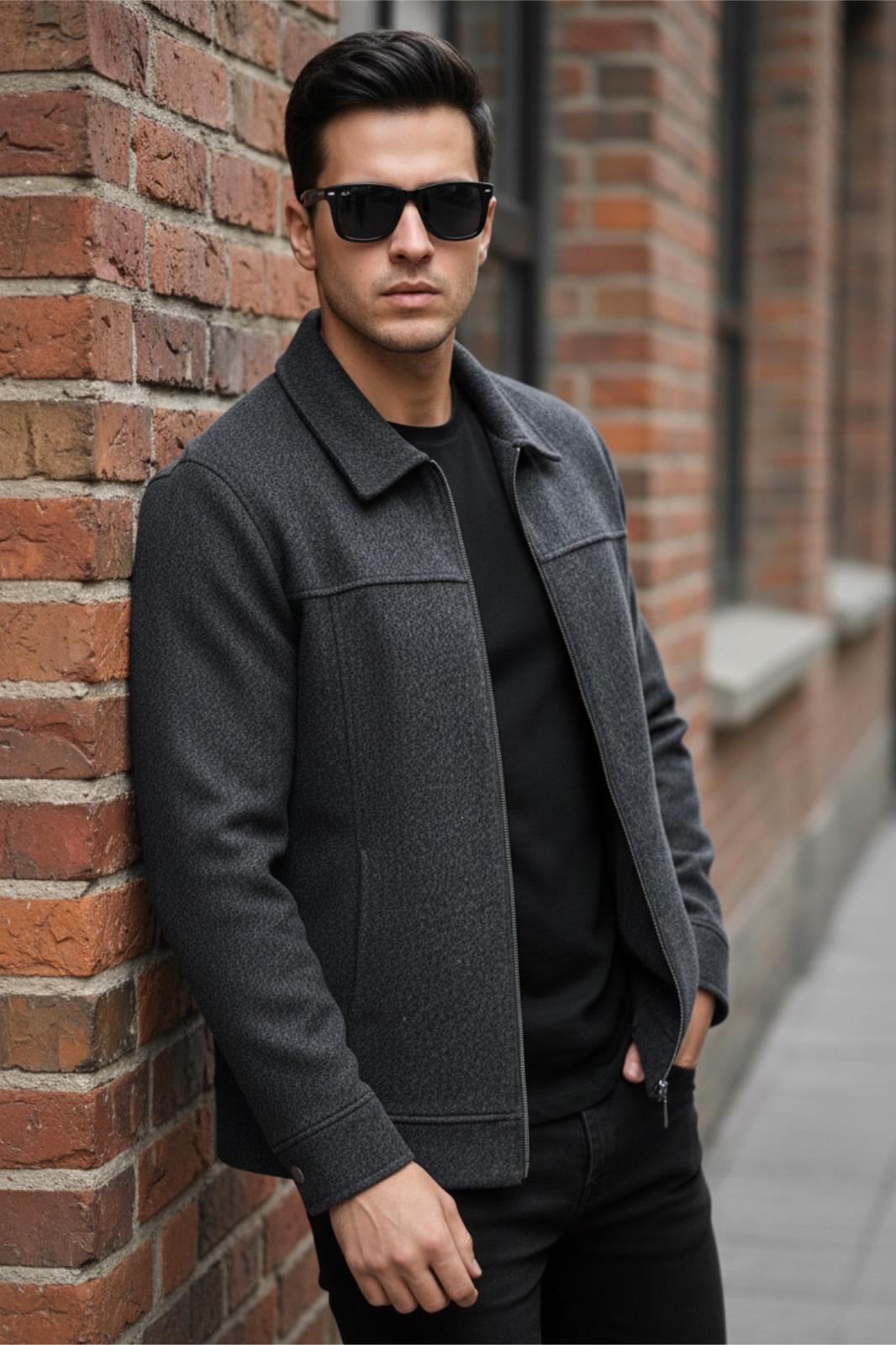 Kamy Erkek Gömlek Yaka Astarsız Fermuarlı Kaşe Ceket - Smart Casual Tasarım