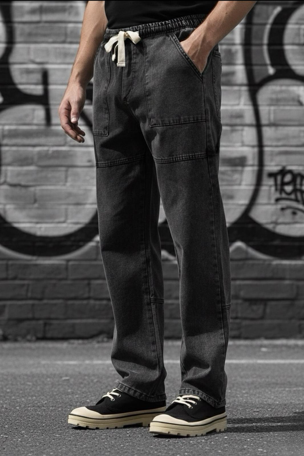 Kare Cep Beli Lastikli İpli Düz Paça Rahat Kesim Erkek Jean Pantolon