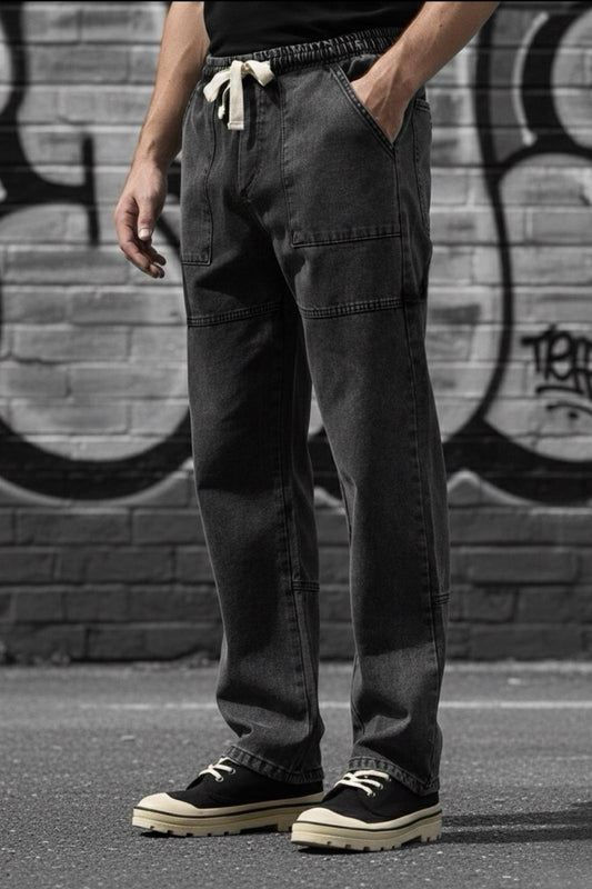 Kare Cep Beli Lastikli İpli Düz Paça Rahat Kesim Erkek Jean Pantolon