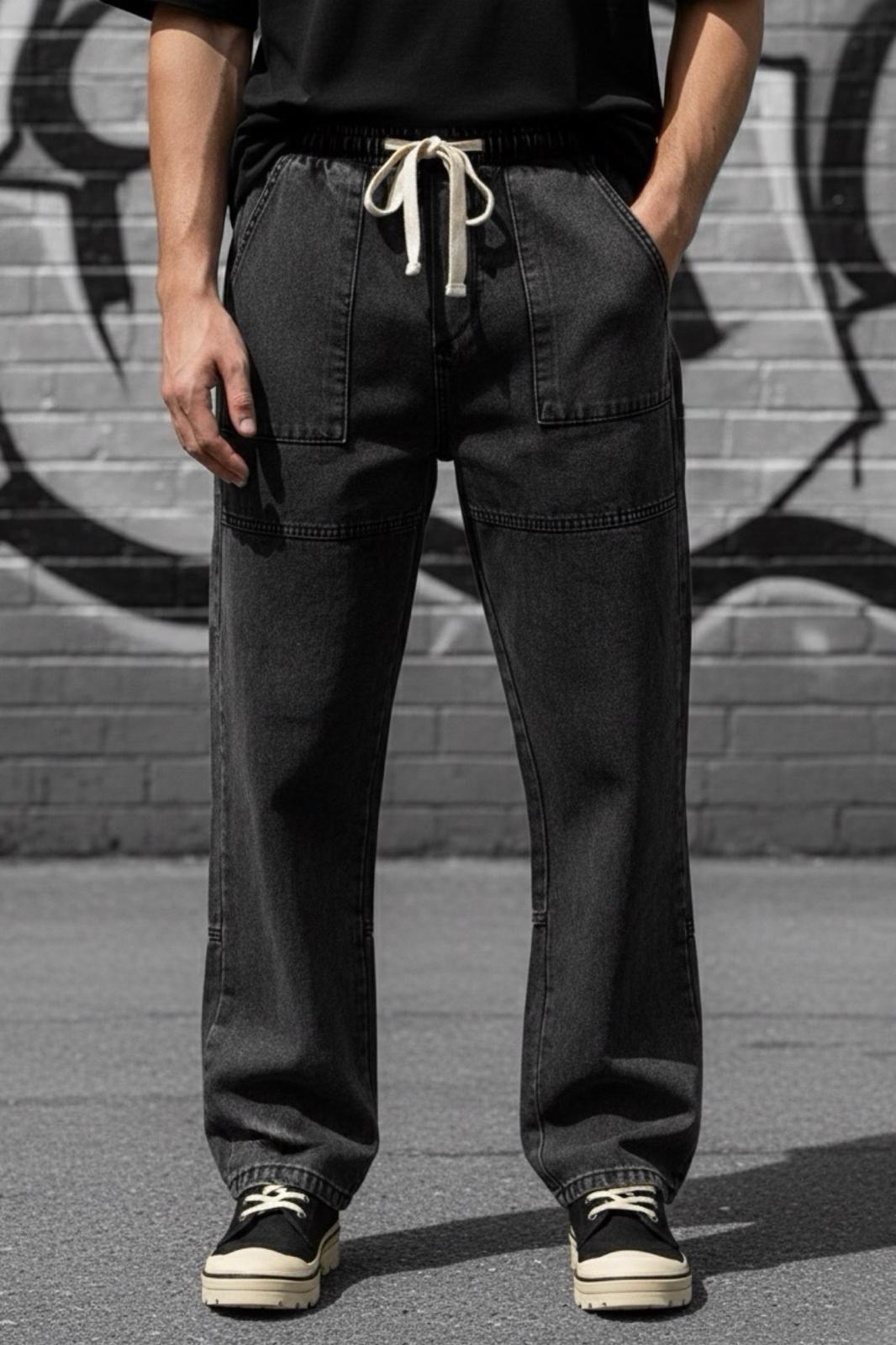 Kare Cep Beli Lastikli İpli Düz Paça Rahat Kesim Erkek Jean Pantolon