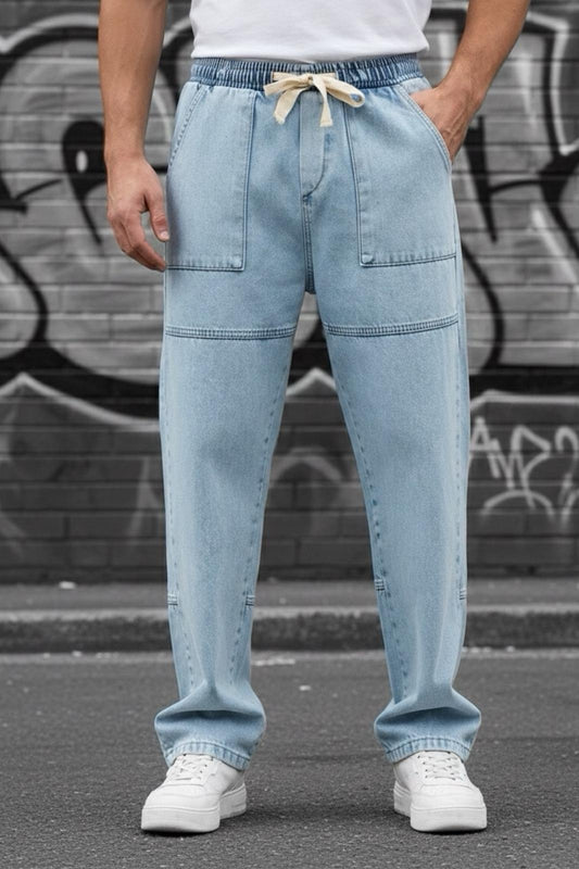 Kare Cep Beli Lastikli İpli Düz Paça Rahat Kesim Erkek Jean Pantolon