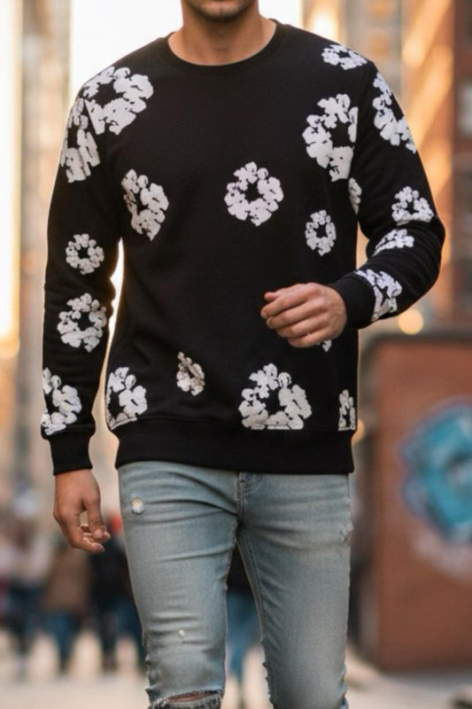 Karly İki İplik Çiçek Baskılı Bisiklet Yaka Slim Fit Unisex Sweatshirt