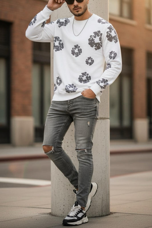 Karly İki İplik Çiçek Baskılı Bisiklet Yaka Slim Fit Unisex Sweatshirt