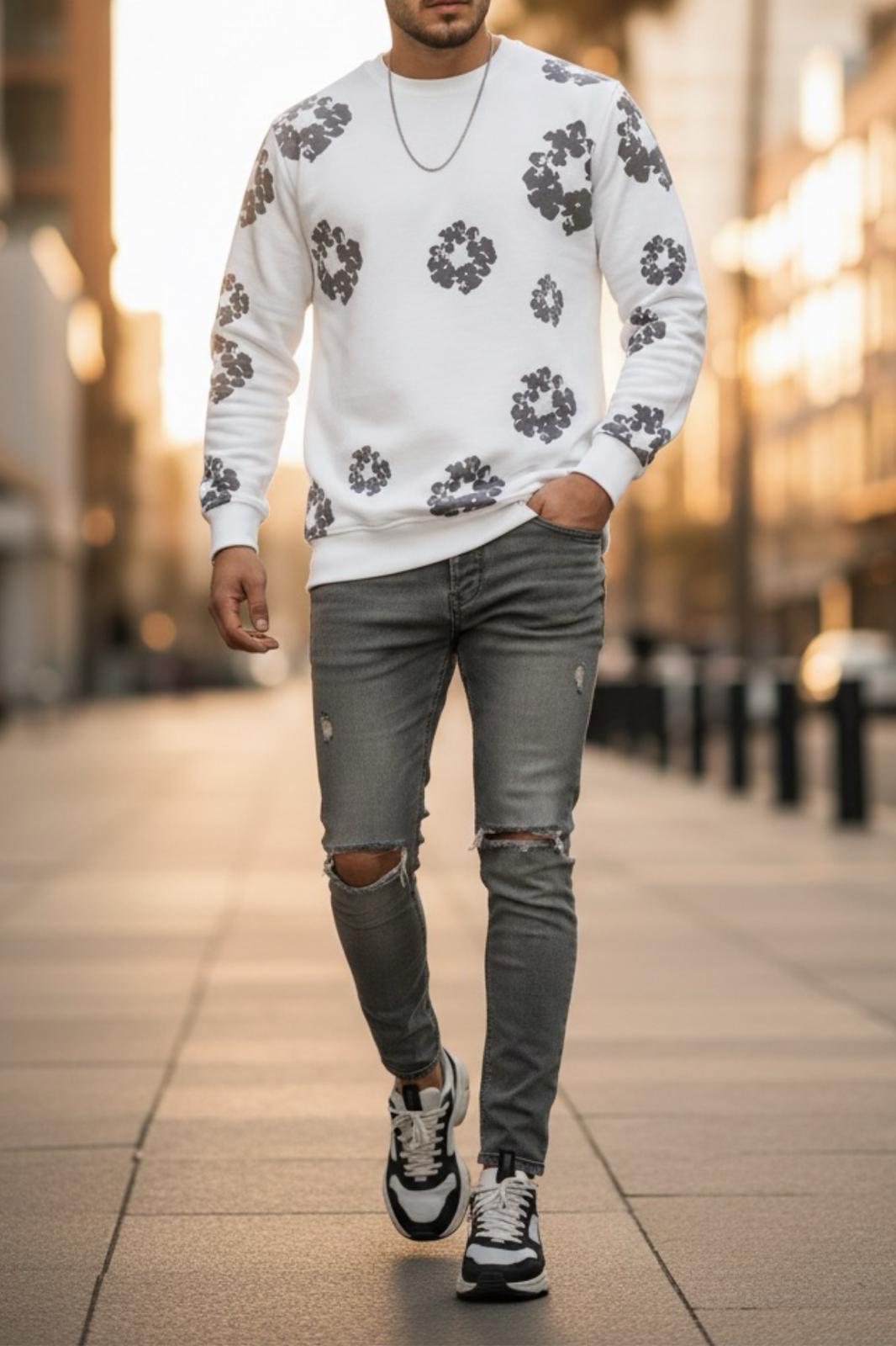 Karly İki İplik Çiçek Baskılı Bisiklet Yaka Slim Fit Unisex Sweatshirt